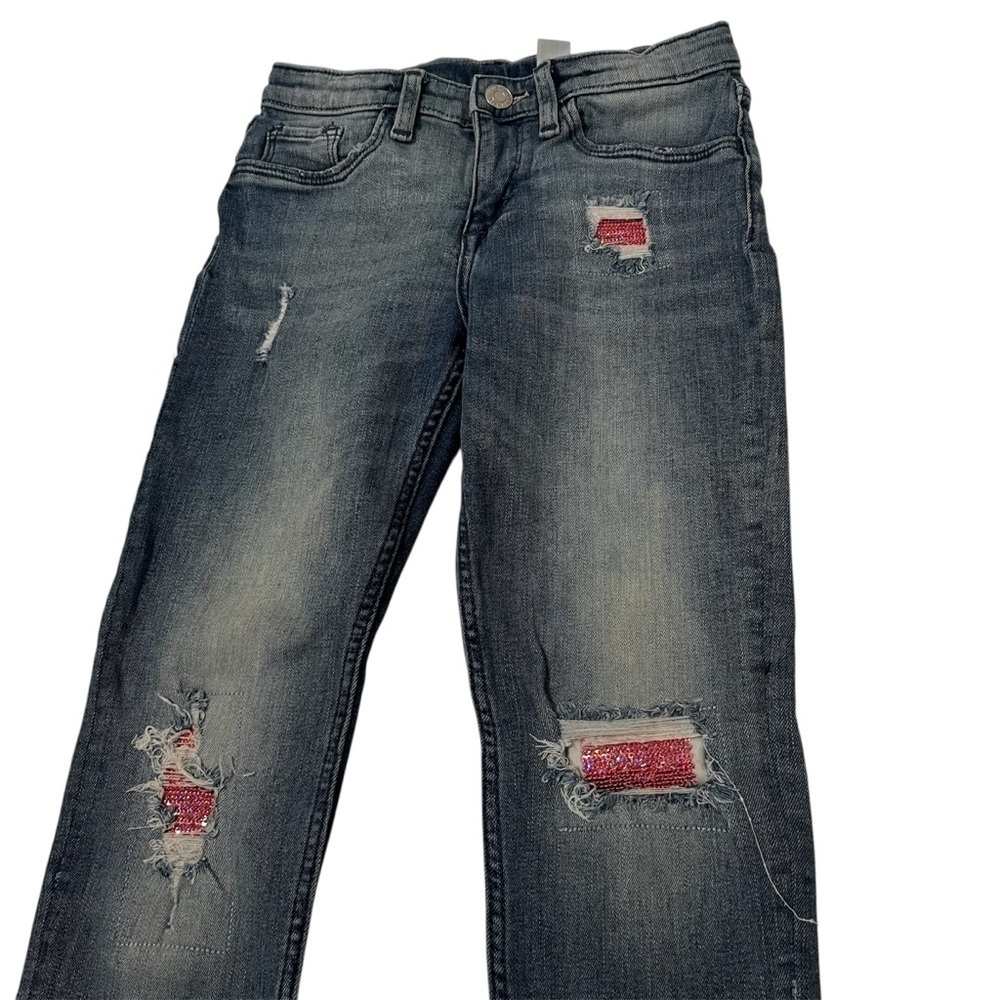 H&M Kids Blue Distressed Jeans with Pink Sequin Patches. - Picture 2 of 4